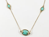 Unique Oval Shape Turquoise Stone Post Gold Tone Long Brass Necklace