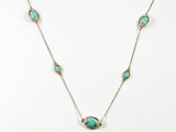 Unique Oval Shape Turquoise Stone Post Gold Tone Long Brass Necklace