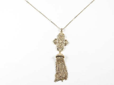 Unique Antique Style Large Cross With Tassel Gold Tone Long Necklace
