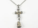 Antique Style Cross Design With Pearl Ends & Tassel Two Tone Long Brass Necklace