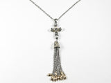 Antique Style Cross Design With Pearl Ends & Tassel Two Tone Long Brass Necklace