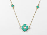Modern Turquoise Floral Design Post Gold Tone Long Brass Necklace