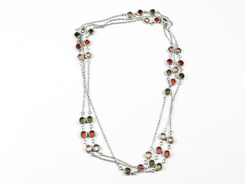 Modern Layered High Quality Colorful Bezel CZ Long Brass Necklace