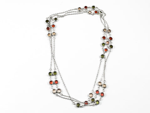 Modern Layered High Quality Colorful Bezel CZ Long Brass Necklace