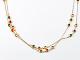 Modern Layered High Quality Colorful Bezel CZ Gold Tone Long Brass Necklace