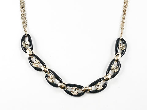 Elegant Unique Black Enamel Chain Link Design Gold Tone Brass Necklace