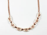 Elegant Unique White Enamel Chain Link Design Pink Gold Tone Brass Necklace