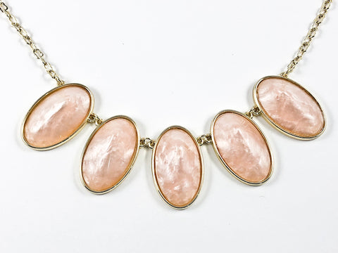 Beautiful Elegant Pink Enamel Oval Shaped Brass Necklace