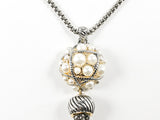 Vintage Style Round Pearl Ball Charm With Tassel Long Brass Necklace