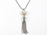 Vintage Style Round Pearl Ball Charm With Tassel Long Brass Necklace