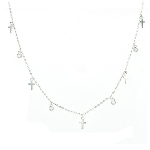 Classic Multi Dangling Dainty Bezel CZ & Cross Charms Brass Necklace