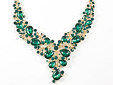 Fancy Elegant Large Green Crystal Floral Pattern Gold Tone Necklace Earring Fashion Set