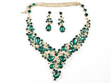 Fancy Elegant Large Green Crystal Floral Pattern Gold Tone Necklace Earring Fashion Set