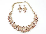 Fancy Elegant Pink Crystal Wide Floral Pattern Necklace Earring Fashion Set