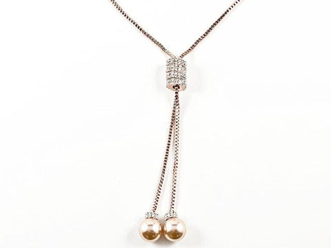 Fun Long Lariat Style Pearl Ends Pink Gold Tone Fashion Necklace