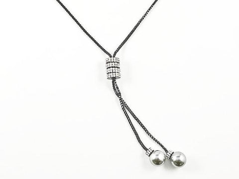 Fun Long Lariat Style Pearl Ends Black Rhodium Tone Fashion Necklace