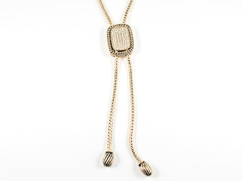 Beautiful Elegant Large Center Rectangle Shape Micro Setting CZ Lariat Style Gold Tone Brass Necklace