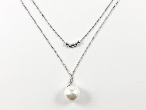 Beautiful Double Layered Tiny Silver Ball Beads & Pearl Dangle Brass Necklace