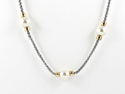 Elegant Long Pearl With Gold Tone Ball Charms Popcorn Chain Brass Necklace