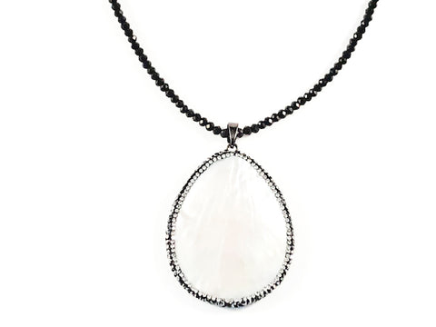 Fancy Long Shiny Black Beads With Large Oval Mother Of Pearl Stone Brass Necklace