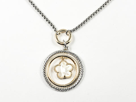 Modern Textured & Layered Round Charm With Center Flower Charm 2 Tone Brass Necklace