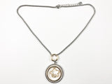 Modern Textured & Layered Round Charm With Center Flower Charm 2 Tone Brass Necklace