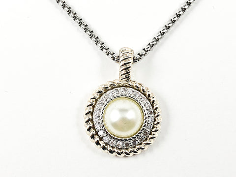Modern Textured Round Charm Pendant With Center Pearl & CZ Two Tone Brass Necklace