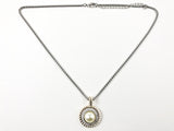 Modern Textured Round Charm Pendant With Center Pearl & CZ Two Tone Brass Necklace