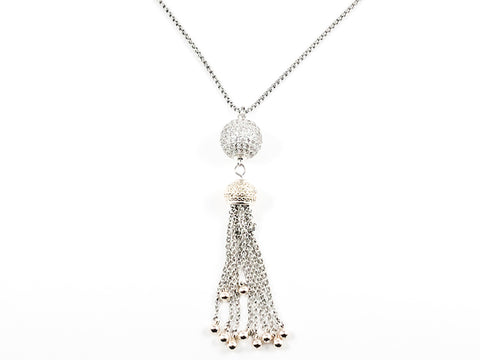 Beautiful CZ Ball Charm With Tassel Design Two Tone Brass Necklace