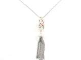 Unique Multi Color CZ Rectangular Bar With Tassel Two Tone Brass Necklace