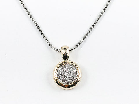 Unique Round Disc Gold Tone Hammered Frame Micro Setting CZ Brass Necklace