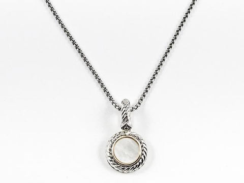 Modern Round Shape Cable Textured With Mother Of Pearl Center Design Charm Brass Necklace