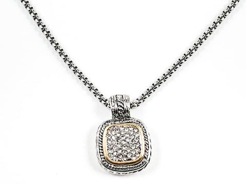 Modern Square Shape Cable Textured With Micro Pave CZ Center Design Charm Brass Necklace