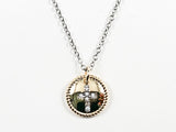 Beautiful Gold Tone Round Disc With Dainty Cross CZ Brass Necklace