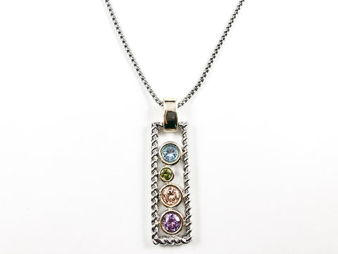 Unique Wire Texture Tall Vertical Bar With Loose Multi Color CZ Brass Necklace