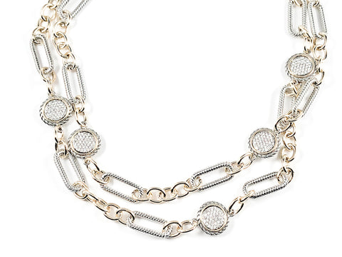 Unique Chain Link Round Disc Micro Setting CZ Pattern Two Tone Long Style Brass Necklace