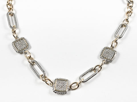 Unique Chain Link Square Shape Micro Setting CZ Pattern Two Tone Brass Necklace