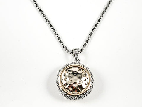 Modern Thick Round Disc With Center Hammered Gold Tone Design & Textured Frame Brass Necklace
