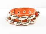 Unique Trendy Chain Link Design Orange Leather Fashion Bracelet