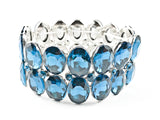 Fancy 2 Row Large Oval Shape Blue Crystals Stretch Fashion Bracelet