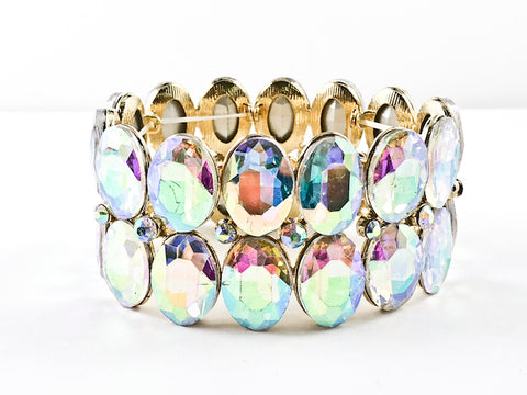 Fancy 2 Row Oval Shape Aurora Borealis Color Stones Stretch Fashion Bracelet