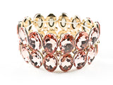 Fancy 2 Row Large Oval Shape Pink Crystals Gold Tone Stretch Fashion Bracelet