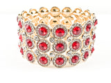Fancy 3 Level Elegant Round Thick Red Color Stones Gold Tone Fashion Bracelets