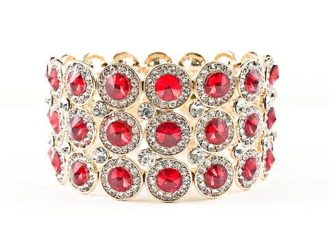 Fancy 3 Level Elegant Round Thick Red Color Stones Gold Tone Fashion Bracelets