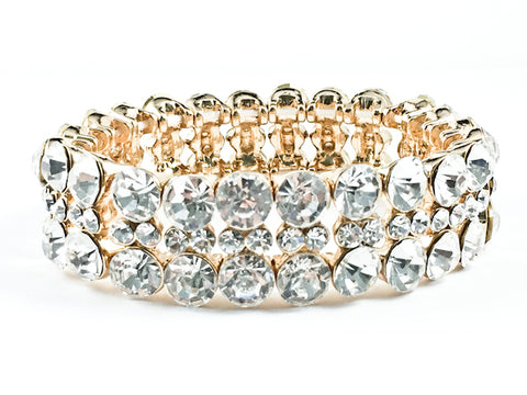Fancy Multi Row Crystals Flexible Design Gold Tone Stretch Fashion Bracelet