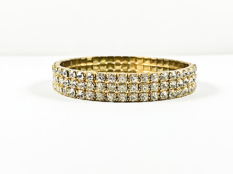 Fancy Classic Thin 3 Row Crystal Gold Tone Stretch Fashion Bracelet