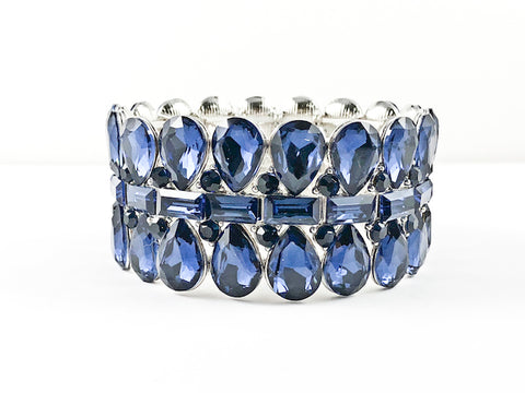 Fancy Elegant 3 Row Tear Drop & Rectangle Shape Pattern Sapphire Color Stones Fashion Bracelet