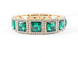 Fancy Elegant Square Shape Emerald Green Gold Tone Stretch Fashion Bracelet