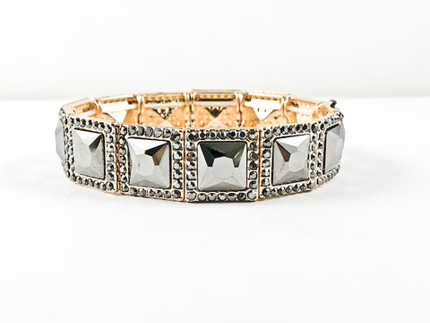 Fancy Elegant Square Shape Pewter Grey Gold Tone Stretch Fashion Bracelet