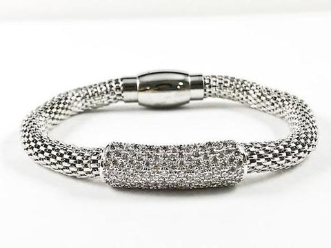 Modern Textured Bead With Thick CZ Bar Magnetic Brass Bracelet
